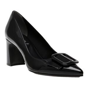 Anne Klein Women's Bentley Buckle Block Heel Pumps Black Patent Size 6 M